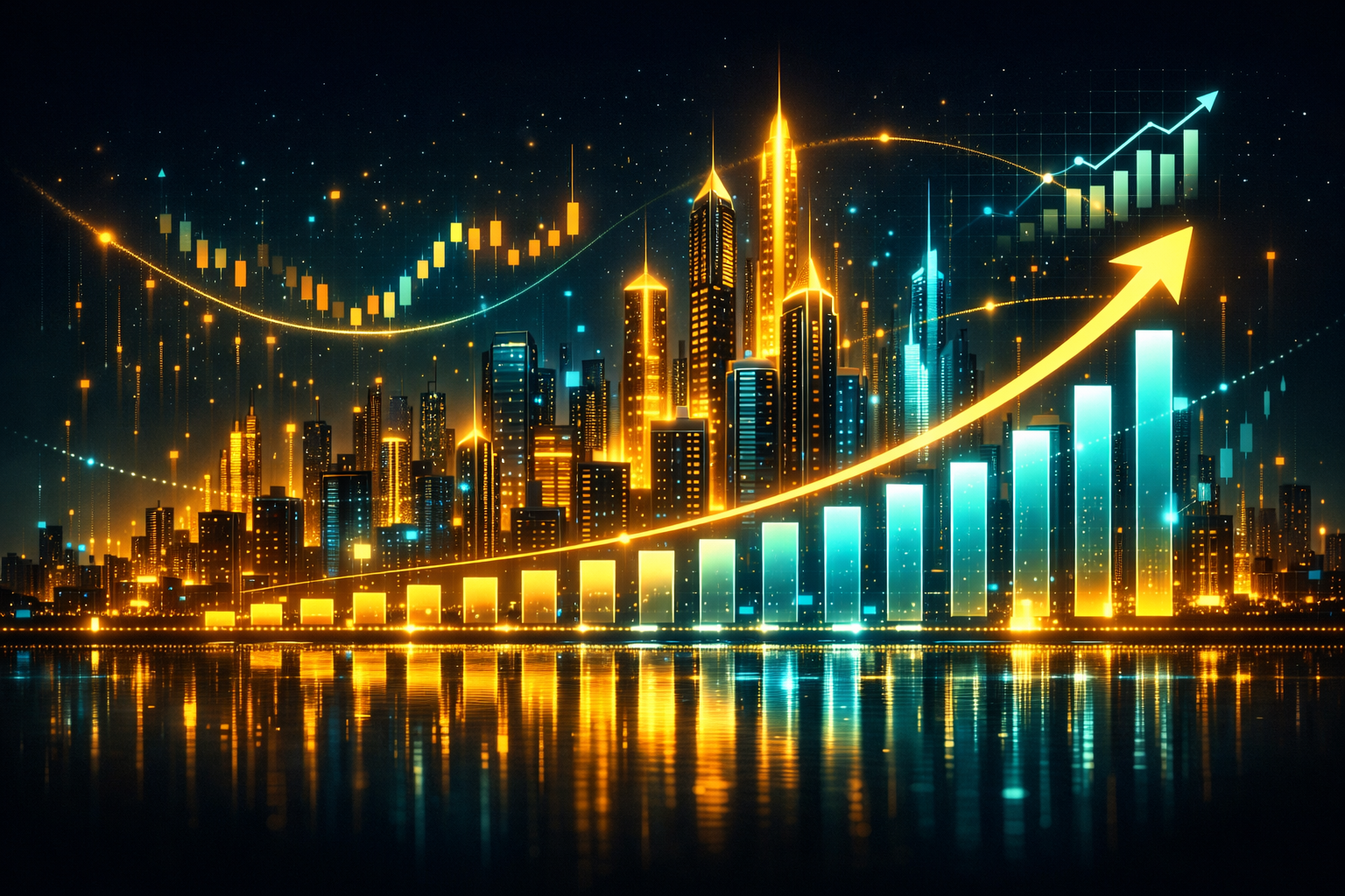 Soyut şehir ışıkları ve büyüme grafiği görseli