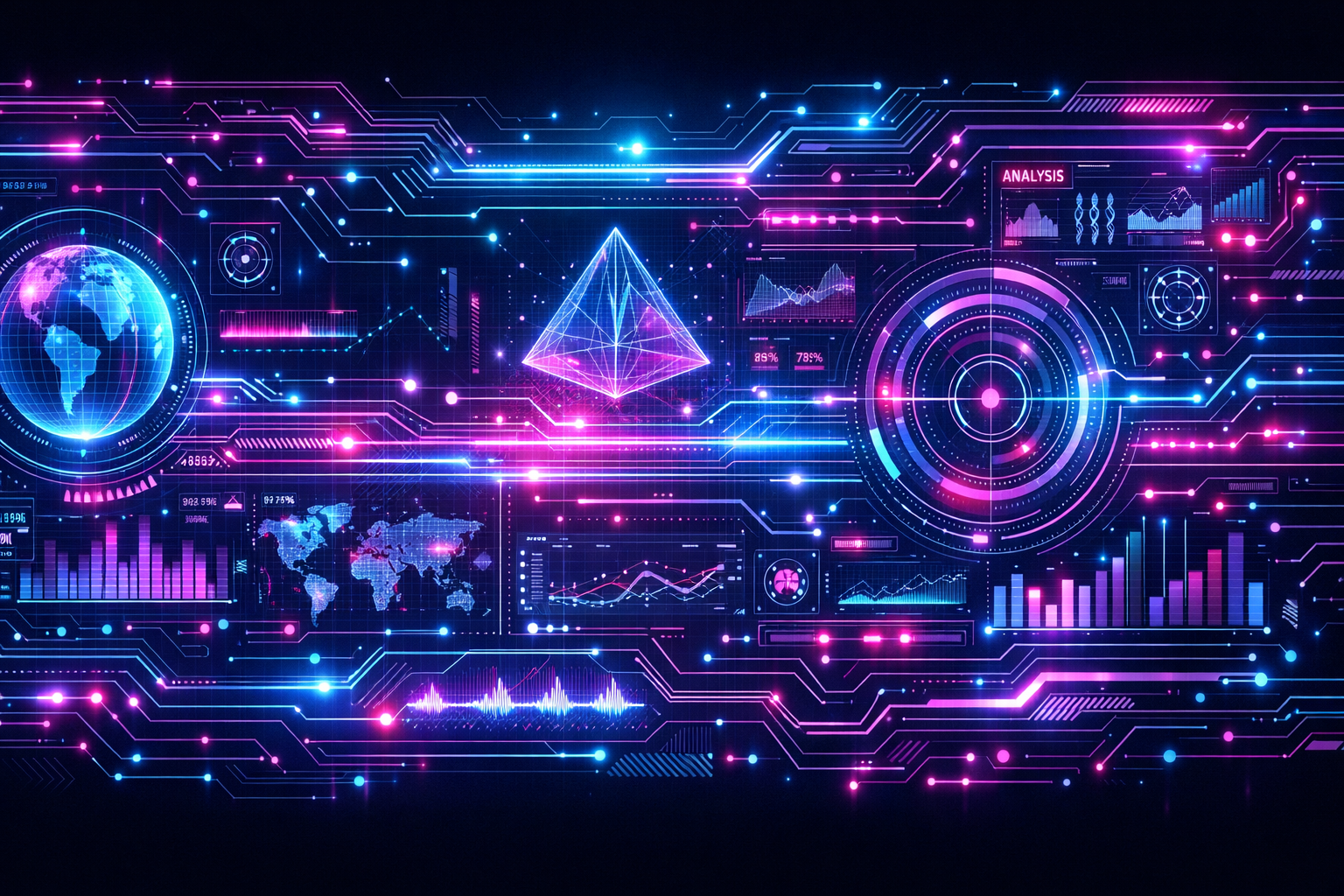 Soyut teknoloji paneli üzerinde stratejik veri akışı görseli